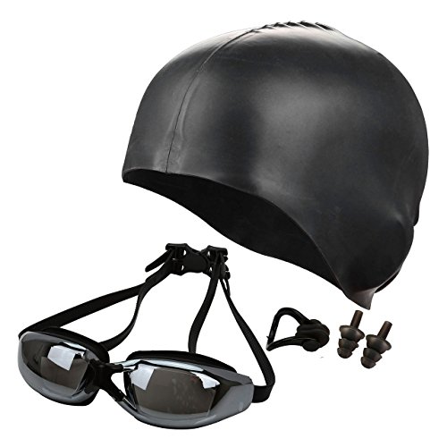 Faleto Swimming Goggles+ Nose Clip+ Silicone Swim Cap+Ear Plugs,Swim Goggles Anti Fog UV Protection for Adult Men Women Youth Kids Child,Black