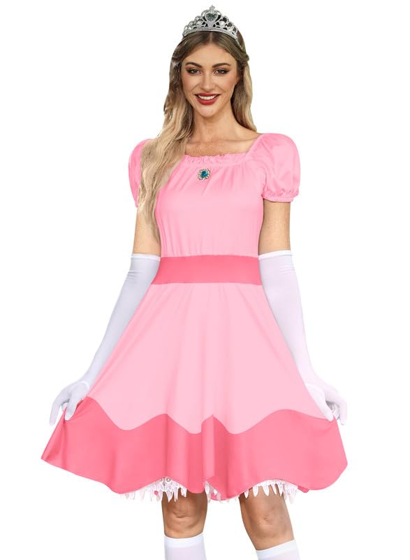 Photo 1 of Halloween Womens Sexy Princess Dress Short Sleeve Adult Costume Dresses Pink with Crown XL
