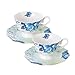 PULCHRITUDIE Eileen's Reserve Fine China Tea Cup and Saucer Set, Blue Peony, Set of 2