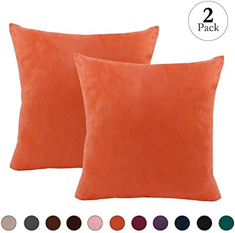LINENLUX 2 Pack Velvet Soft Soild Decorative Square Throw Pillow Covers Set Cushion Case for Sofa Bedroom Car (Orange, 18 x 18 Inch)