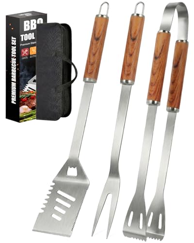 3Pcs Premium BBQ Tool Set, Heat-Resistant Stainless Steel Grilling Accessories with Ergonomic Wood Handles, Ideal for Backyard & Camping Barbecues, Cooking