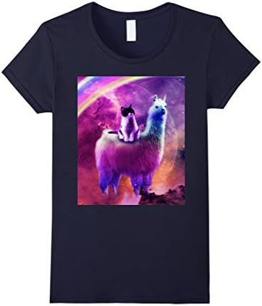 Womens Kitty Cat Riding On Rainbow Llama In Space T-Shirt Large Navy
