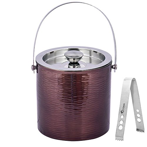 Kosma Stainless Steel Double Wall Ice Bucket, Size - 15 x 18cm, Ice Buckets in Shining Copper Colour Hammered finish | Ice Cube Bucket with Ice Tongs