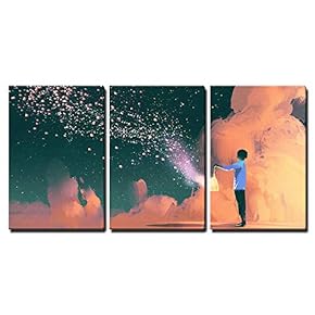 3 Piece Canvas Wall Art - Man Holding a Cage with Floating Shinning Star Dust,Illustration Painting - Modern Home Art Stretched and Framed Ready to Hang - 16"x24"x3 Panels