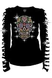 Bling Sugar Skull Rhinestone T-Shirt,Heart Neon Stud Ripped Cut Out Long