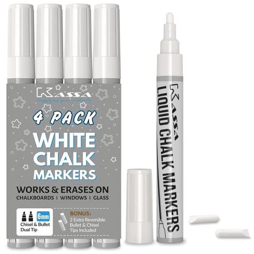 Kassa White Chalk Markers (4 Pack) Liquid Chalkboard Pens Erasable