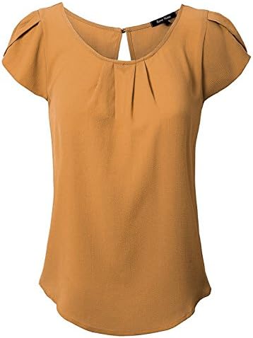 REVENINE Women's Scoop Neck Pleated Front Chiffon Woven Blouse Large Mustard