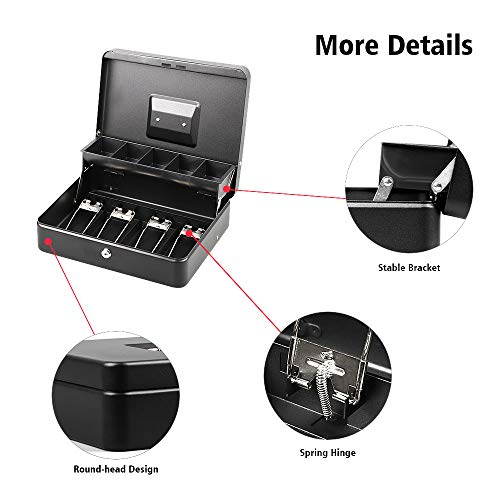 LIANTRAL Cash Box, Large Size Money Box with Lock and 5 Compartment Tray, 4 Spring-Loaded Clips for Bill(11.8" x 9.5" x 3.5"), Black - Thumbnail 3