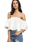 SheIn Women's Boho Ruffle Off Shoulder Bell Sleeve Crop Top Blouse Medium White