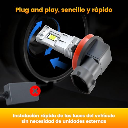 Onraying H11 6500k H8 H9 H16 LED Car Headlight Bulb, 900% Brightness, Identical Size to Halogen, IP68, Over 90000 Hours Lifespan, Plug-And-Play, 2 Pack