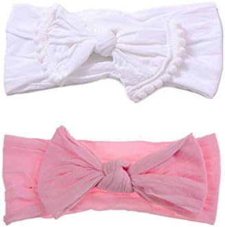 Nylon Headbands for Baby Girls Newborn Headband Bows Elastic Knotted Hair Band (White+pink)