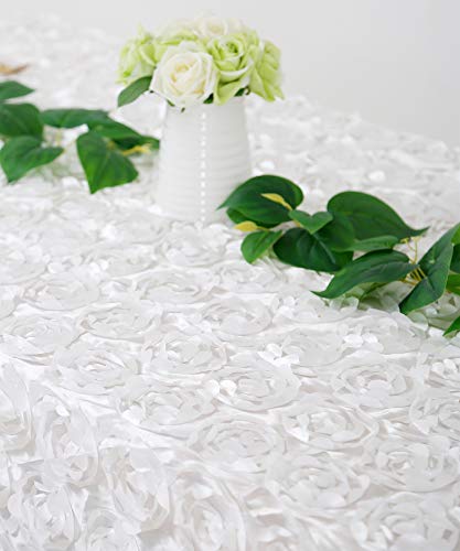 Fanqisi Satin Raised Rosettes 50 x102 Inches White Rectangle Tablecloth Wedding Dining Room Table Linens - Thumbnail 4