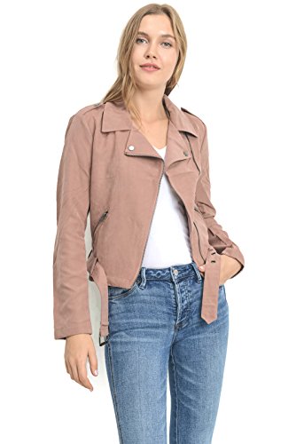 Instar Mode Women's Lightweight Faux Suede Peach Skin Lace up Sleeves Moto Biker Jacket (Jk00514 D/Rose, Medium)