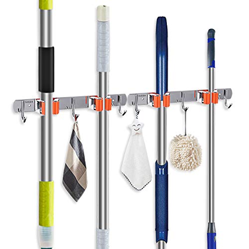 MOHOO Broom Holder Wall Mount Stainless Steel Wall Mounted Storage Organizer Heavy Duty Tools Hanger with 2 Rails 4 Racks 6 Hooks for Bathroom Kitchen Office Closet Garden