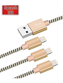iPhone Charger,3Pack 5ft/1.5M Nylon Braided Lightning Cable For iPhone /6s/6s plus/ 7/7 plus /SE/5s/5/iPad/iPod and more IOS Devices-Gold