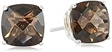 Sterling Silver Cushion Checkerboard Cut Smoky Quartz Studs (8mm)