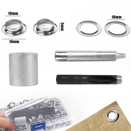 VGOODALL Ösen Werkzeug Kit, 120Stk. Ösen Set 10mm Silber Ösen Scheiben Ösenzange mit 3tlg Werkzeugset für DIY Leder Handwerk Stoff