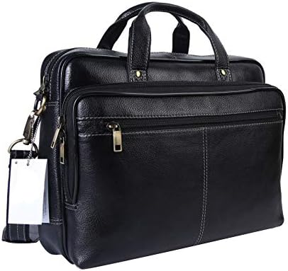 LeatherNLux 14'' Classic Genuine Leather Handmade Laptop Briefcase Messenger Bag (Black)