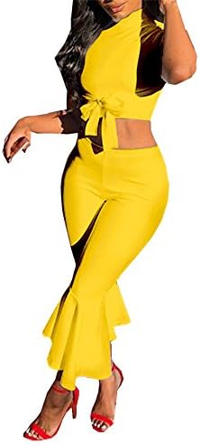 Kaximil Women's Solid Color T-Shirt Lace up Crop Top + Long Pants Sexy Jumpsuits 2 Pieces Outfits Rompers