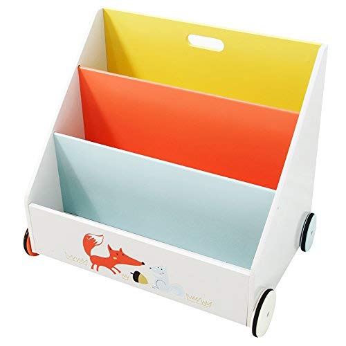 Hessie Little Toddler Kids Portable Wooden Bookcase/Bookshelf on Wheels, Book Storage/Shelf