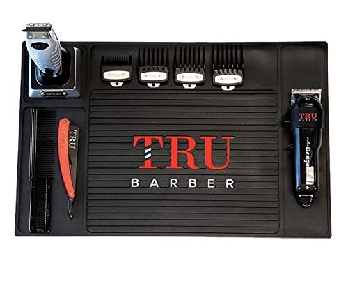 TRU BARBER Organizer Mat 19." X 13” (BLACK) Flexible PVC Station Mat, Salon Barbershop work station pads, Beauty salon tools