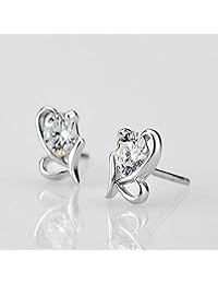 Women White Gold Plated Round Clear Cubic Zirconia Heart Shaped Butterfly Earring Hypoallergenic Ear Stud