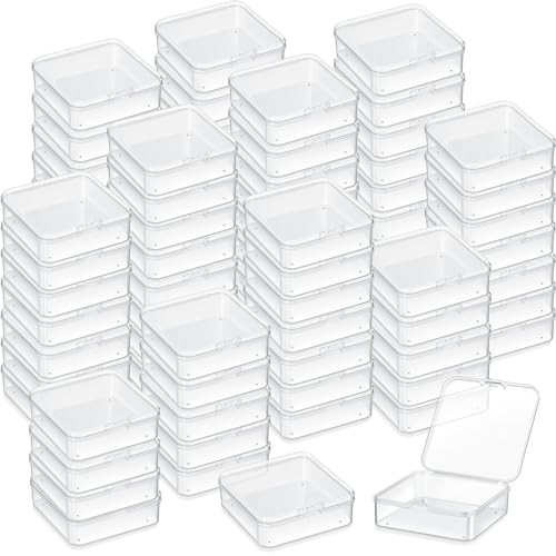 Menkxi 100 Pcs 2.8 x 2.8 x 1 Inch Plastic Bead Storage Containers Box Transparent Boxes with Hinged Lid Clear Bead Organizer Box for Small Items DIY Craft Jewelry Hardware Business Cards Game Pieces