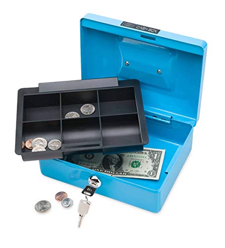Small Metal Cash Box with Lock – Includes 2 Keys – Heavy Duty Steel Construction with Plastic Money Tray – 8 L x 6 W x 3 H – Blue - Thumbnail 2