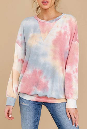 Huiyuzhi Womens Crew Neck Tie Dye Top Batwing Dolman Sleeve Rainbow Colorful Pullover Sweatshirt