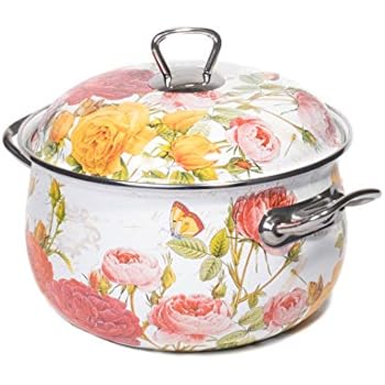 Red Co. Enamel On Steel Round Covered Stockpot, Pasta Stock Stew Soup Casserole Dish Lid, Up to 6.5 Quarts - 24 cm (Roses)