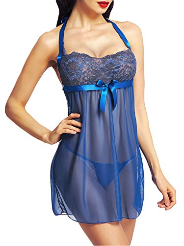 Amoretu Womens Sexy Lingerie White Lace Nightwear Perspective Sleepwear Chimese