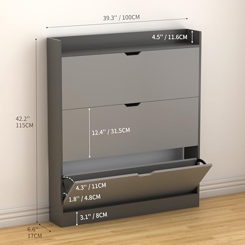 RWDKDTX Zapatera, Mueble Organizador de Zapatos Madera para 3 Cajones Abatibles, Zapateras Modernas 15 Pares Cerradas, Vertical Zapatero para Entrada de Casa, Recibidor,100 * 17 * 115CM, Gris