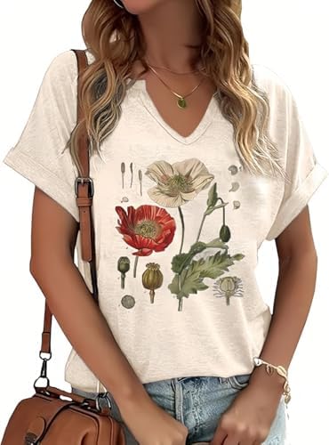 PUCKOLITY Vintage Poppy Flower V Neck Shirt for Women Poppy Flower