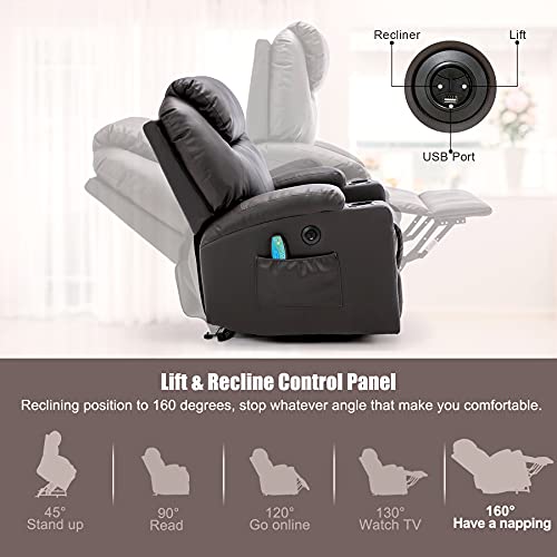 Oyerol Power Lift Recliner Chair with Heat and Vibration Massage for Elderly, Leather Electric Recliner Lift Chair for Living Room with USB Port, Cup Holders and 4 Pockets-Brown