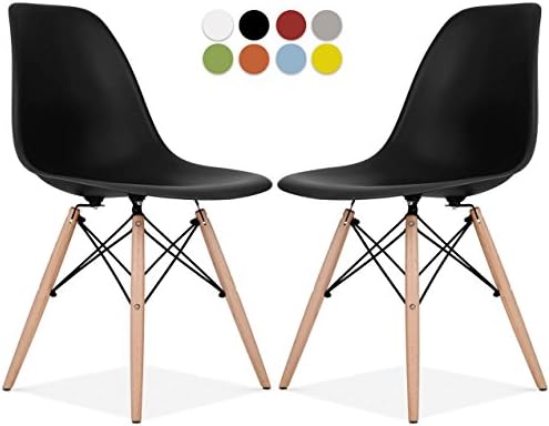 Eames Style Chair by La Valley - Set Of 2 - Mid Century Modern Eames Molded Shell Chair with Dowel Wood Eiffel Legs - for Dining Room, Kitchen, Bedroom, Lounge - Easy-Assemble & Clean - Black