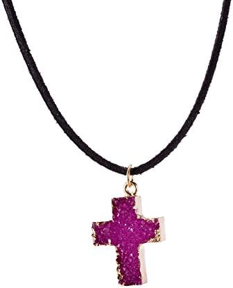 Alipeia Ellipse/Cross Shape Colorful Crystal and Glass Pendant Necklace Rope Chain (Purple, Cross)