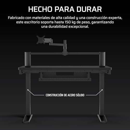 Platform:4 – 120 cm x 76 cm, Altura Fija, Escritorio de Pie para Juegos de Oficina, Cables Escritorio, Alimentación USB, Brazo para Monitor Incluido – Negro