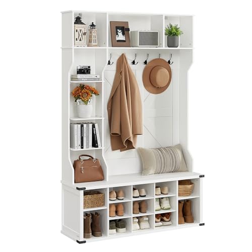 VASAGLE Kleiderständer, Garderobe, Eingangsmöbel mit Schuhregal, verstellbare Ablagen, 20 offene Fächer, 6 Dreifach-Haken, Landhausstil, freistehend,