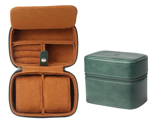 KOSMCCO Watch Travel Case - 2 Slot Watch Case with Soft Lining and Accessories Compartment, Gift for Watch Lovers (Green & Caramel)