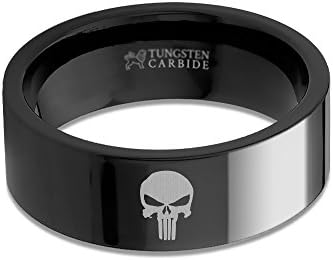 Hanover Jewelers Punisher Skull Symbol Laser Engraved Black Tungsten Wedding Ring - 8 mm