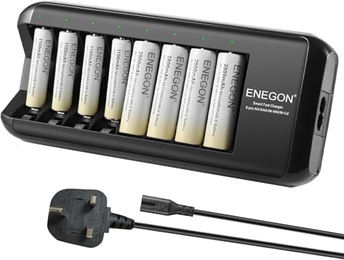 ENEGON Rechargeable AA and AAA Battery Charger, Fast 8 Slots with 4 Rechargeable AAA 1100mAh&4 AA 2800mAh Ni-MH Pre-Charged High Capacity for Home Toys and Electronics