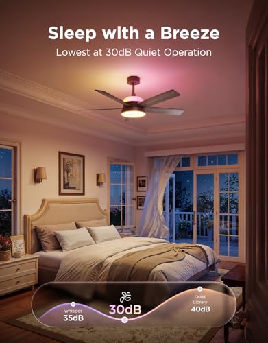 Govee Ceiling Fan with Lights, RGBIC Smart 52'' Low Profile Ceiling Fan with Lights and Remote, Reversible DC Motor, Dimmable, 2800lm, Ceiling Fan for Bedroom, Living Room, Black