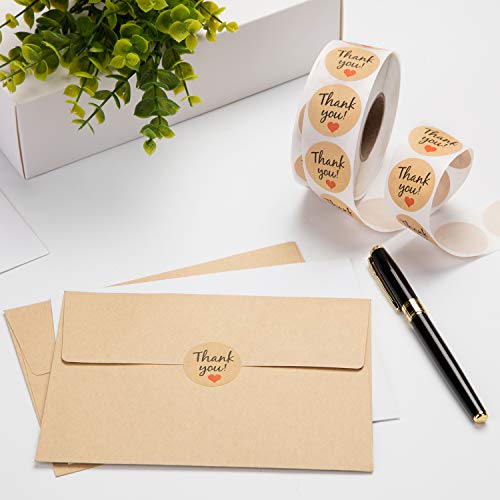Mionno Kraft Paper 1.25" Round Thank You Stickers with Red Heart - 1000pcs/Roll Adhesive Labels for Decorative and Envelope Sealing, Gift Wrap, Birthday, Baby Shower, Wedding, Party (1 Roll)