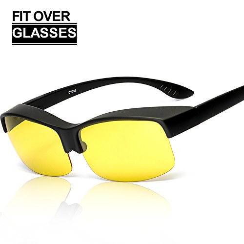 Wrap Around HD Night Vision Driving Polarized Glasses Wear Over Rx/Prescription/Regular Glasses - Yellow Fit Over Sunglasses Safety (Black, Yellow)