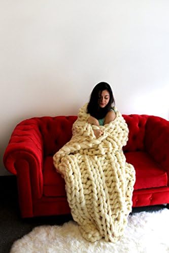 Large Chunky Knit Wool Blanket - 64"x80" - Arm Knit Blanket - Natural White - 100% Merino Wool - Handmade