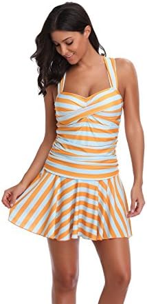Centrawin Women's Stripe Back Cross Skirted Slim Swimdress with Boyshort One Piece Swimsuit Tankini Set