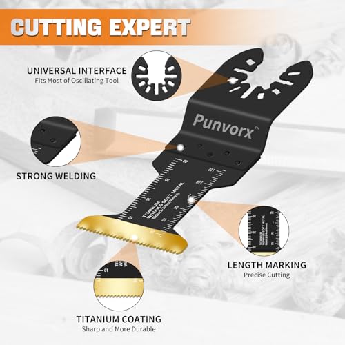 Punvorx 6 Pcs Titanium Multi Tool Blades, Extra Long & Wide Universal Oscillating Saw Blades for Soft Metal, Nails, Wood Cutting, Compatible with Milwaukee, Ryobi, Rockwell,Porter Cable, Worx