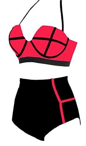 LA PLAGE Women's High Waist Vintage Padded Bra Bathing Suit for Women size US Medium Pink Black