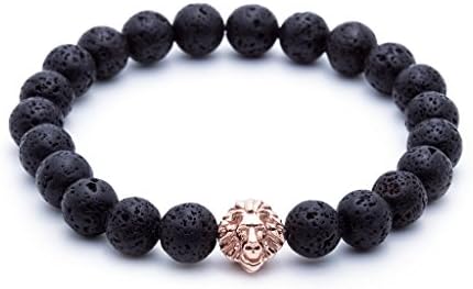 Stainless Steel Lion Head Volcanic Lava Stone Beaded Stretch Bracelet Gold Plated Color