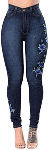 LOUSHI Women Floral High Waist Pencil Jeans Trousers Flower Embroidered Denim Pants (M)
